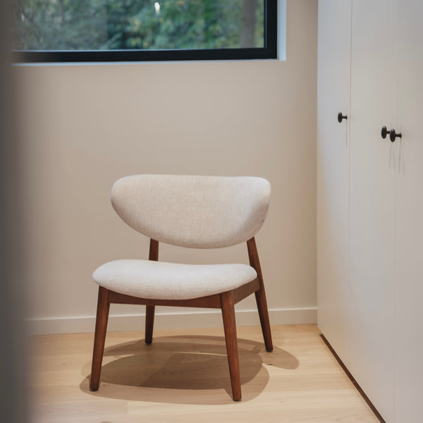 Belgian design Dianne lounge chair- sustainable ash wood frame with fabric upholstery by Mowelli furniture