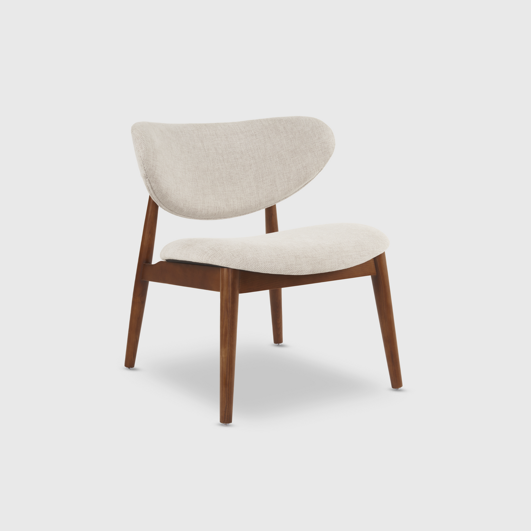 Isolated front view of the Dianne lounge chair by Mowelli in walnut wood and beige fabric, displayed on a white background.