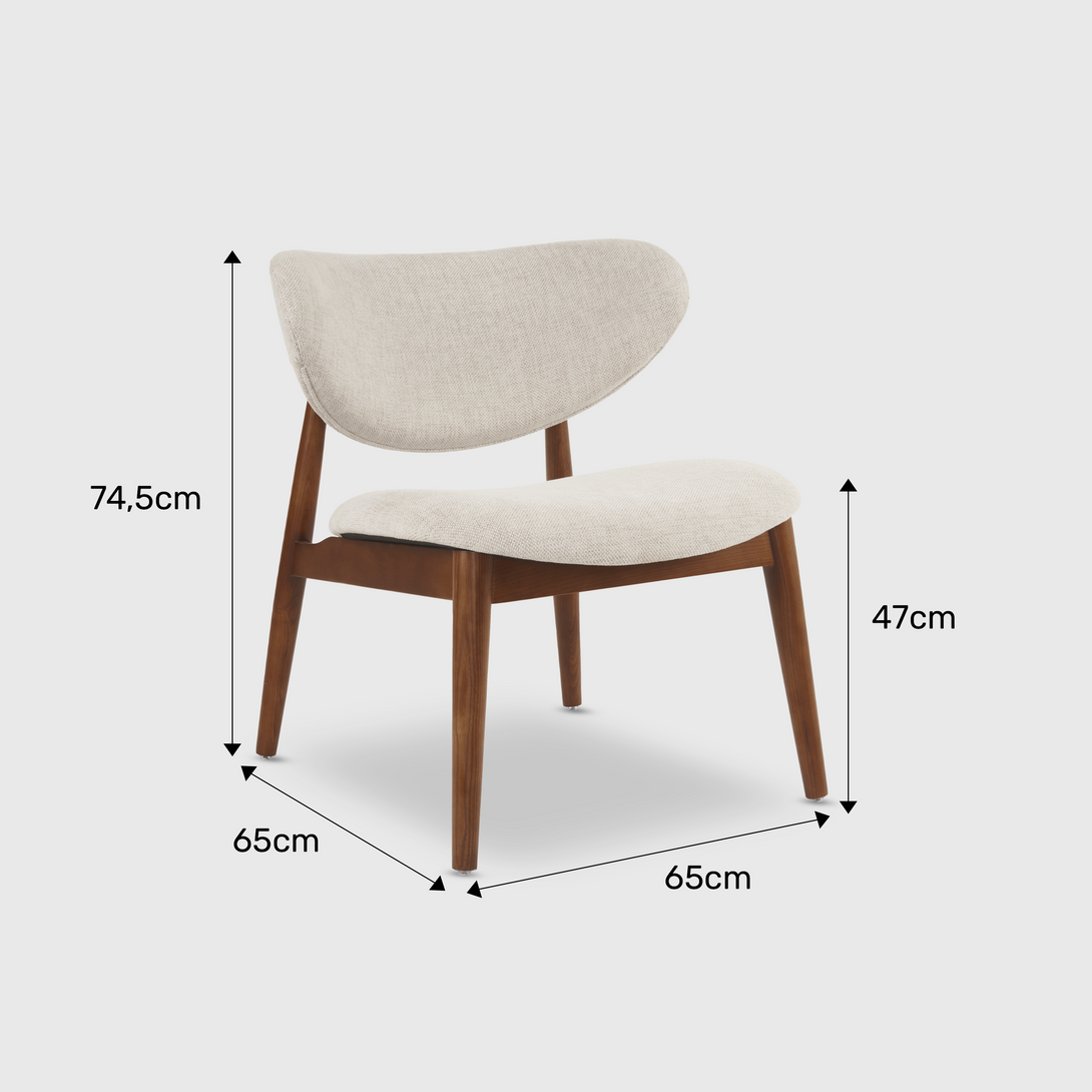 Dianne lounge chair by Mowelli with dimensions shown: 74.5 cm height, 47 cm seat height, 65 cm width and depth – walnut wood and beige fabric.