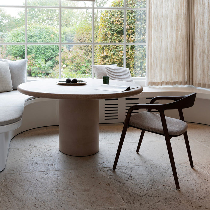 Nora comfort chair by Mowelli – stylish wooden chair in brown walnut with soft upholstered cushion seat, perfect for modern interiors.