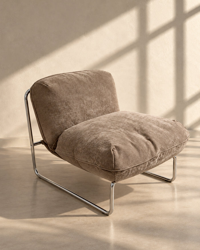 t4option0_0 | A modern lounge chair with olive cushions and a sleek chrome metal frame.