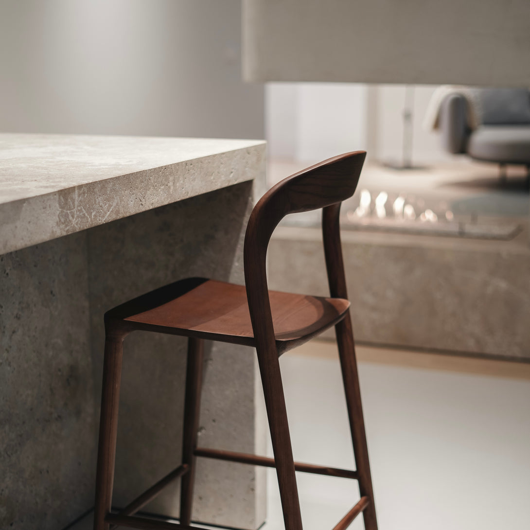 Nora bar stool by Mowelli in walnut – contemporary handcrafted wooden seating