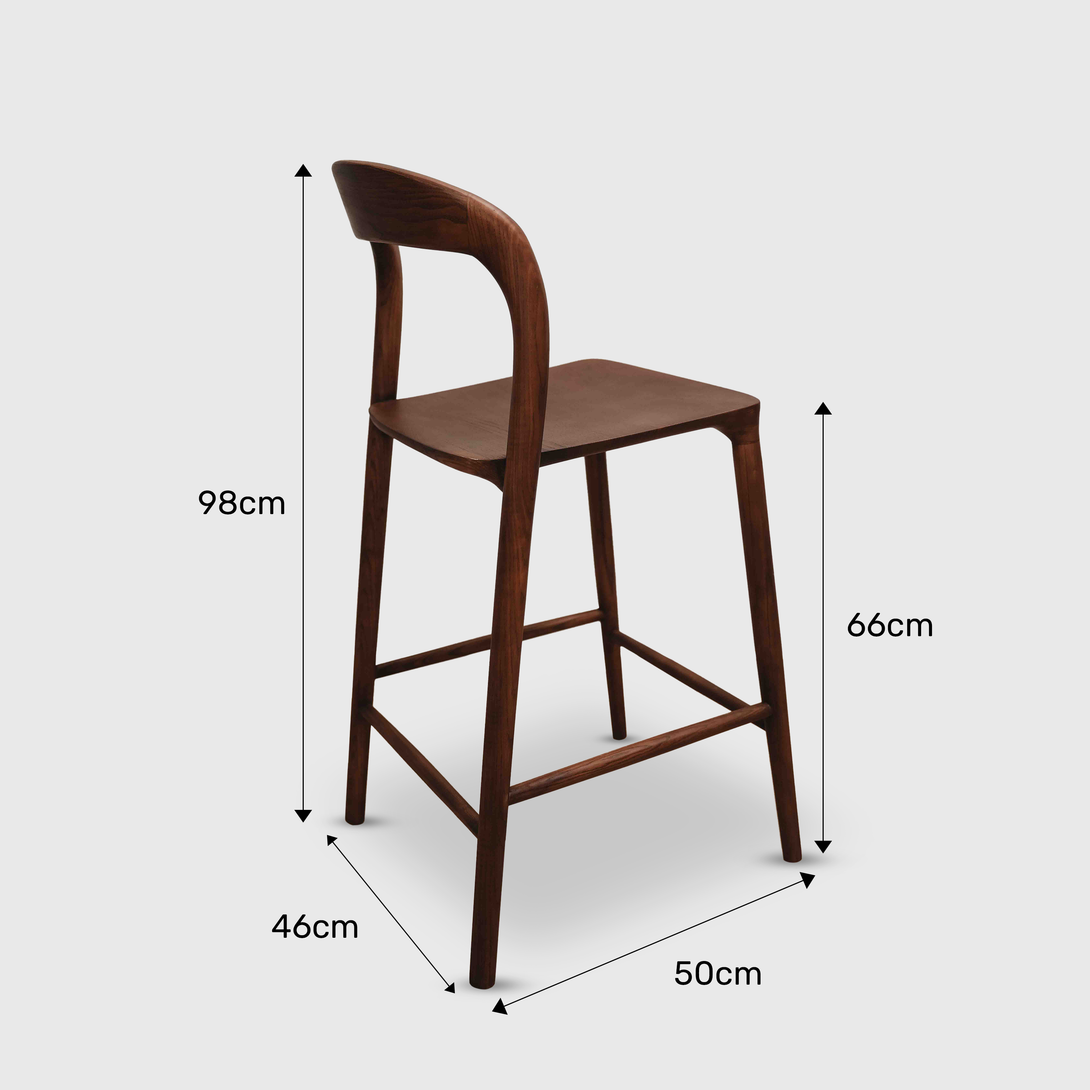 Dimensions of Mowelli’s Nora bar stool in walnut – eco-friendly handcrafted wooden bar chair
