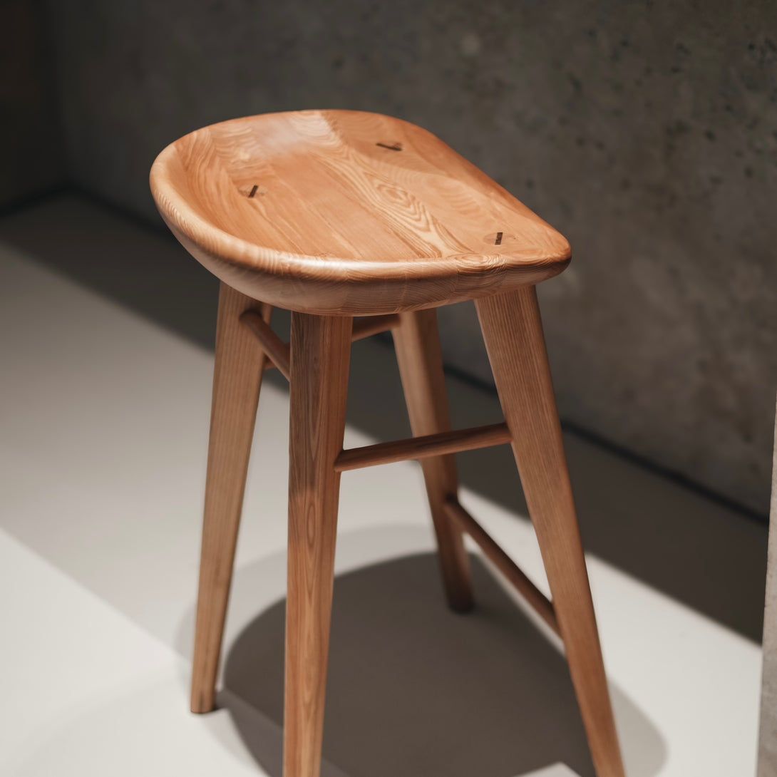 Full picture of above of Mowelli's Ollie bar stool in natural ash wood