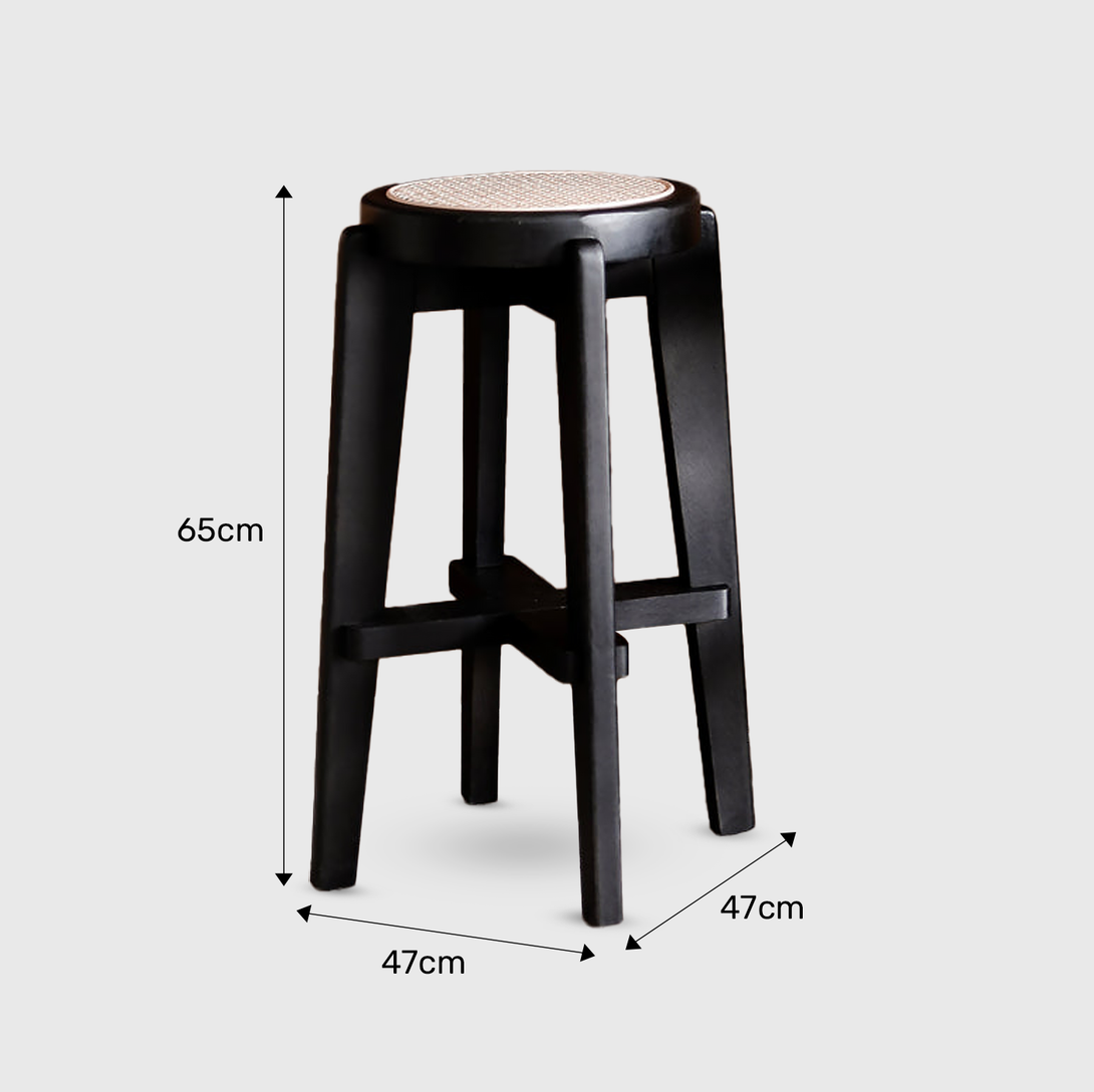 A black Pablo bar stool by Mowelli with dimensions