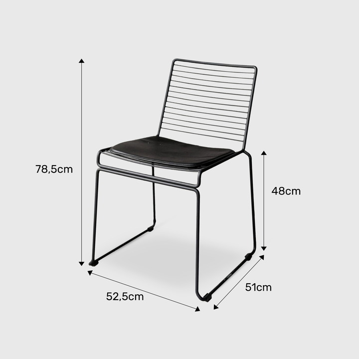 A black Willow chair with dimensions labeled on a white background