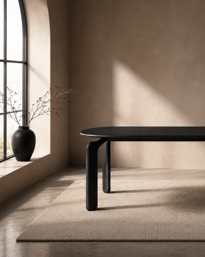 Mowelli Arco dining table in black oak, rounded rectangular top with chunky sculptural legs, styled in warm minimalist interior