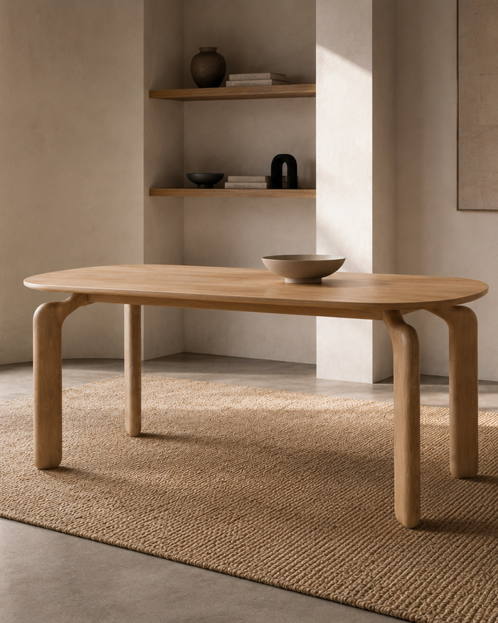 Mowelli Arco dining table in natural oak with rounded top and curved flared legs, styled in bright minimalist interior with jute rug