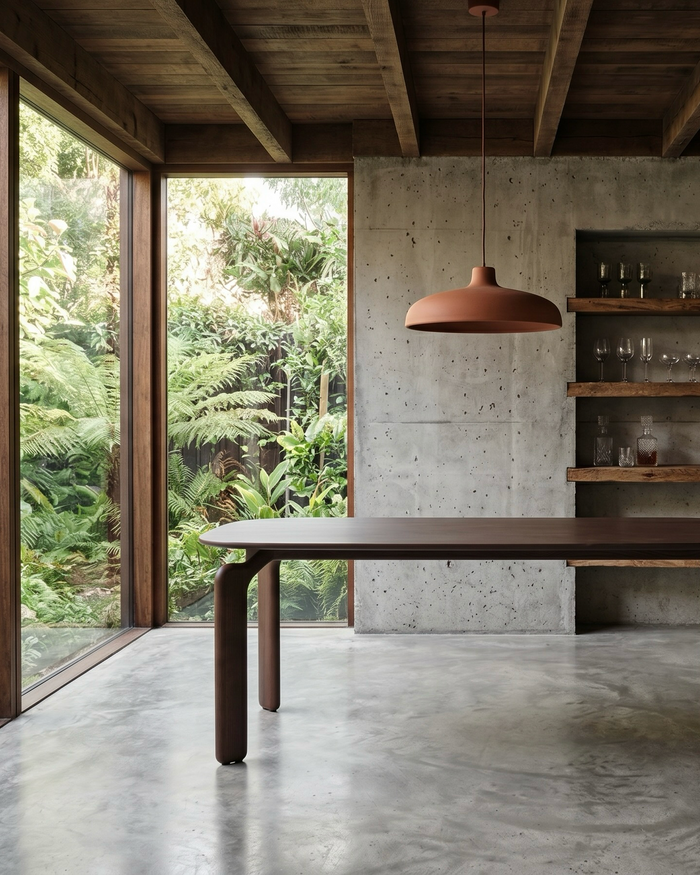 t4option0_0 | Mowelli Arco dining table in dark walnut, rounded rectangular top with chunky legs, styled in concrete interior with garden view